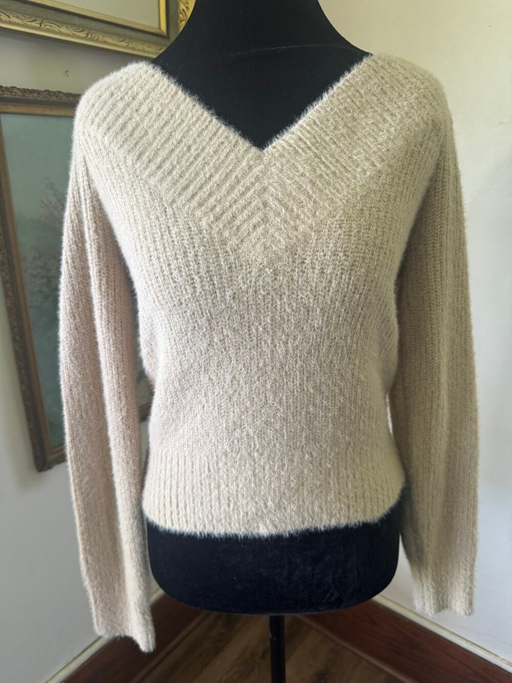 H&M Fuzzy Deep V Back Sweater Beige Eyelash Knit Cozy Soft Size Small